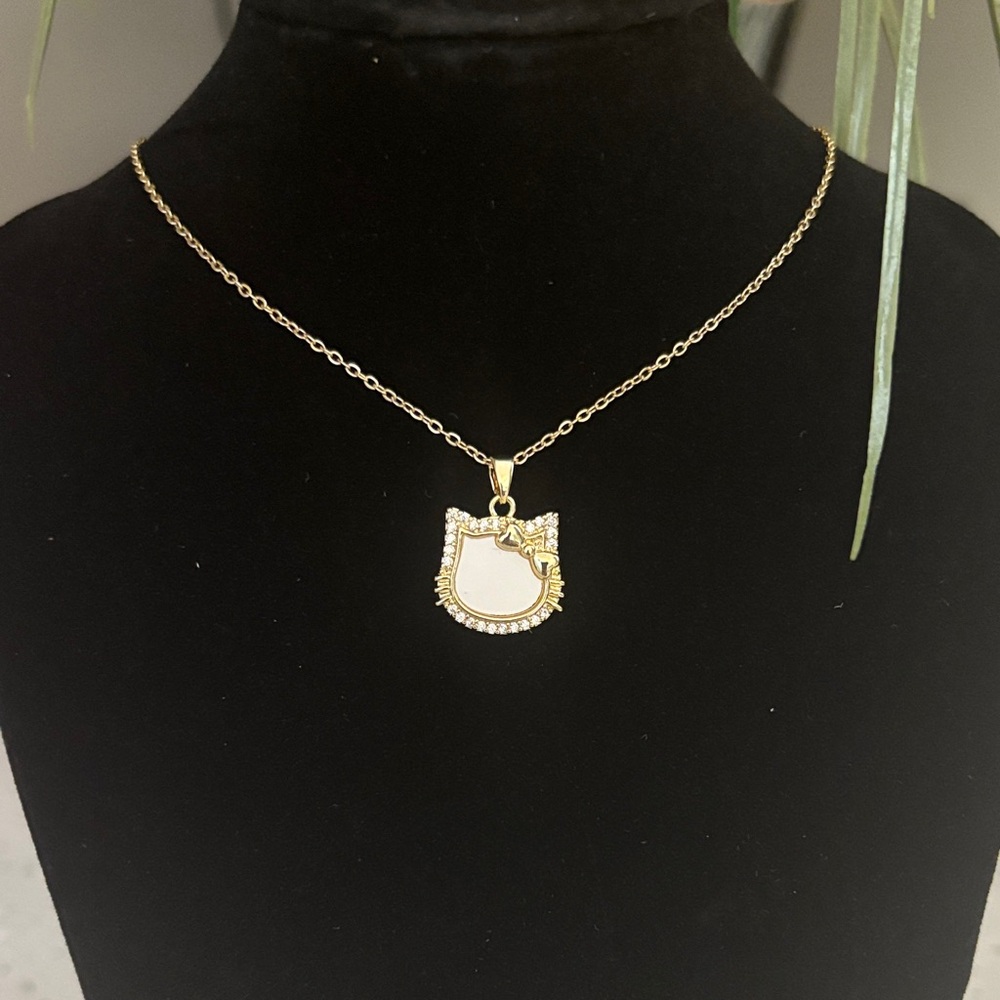 Stainless Steel Gold Cat Pendant Necklace with White Inlay